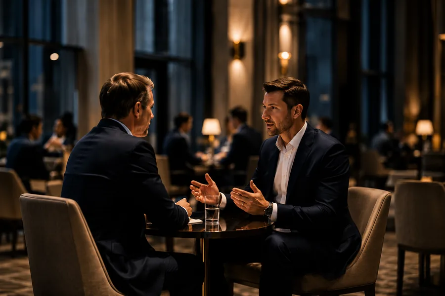 Two senior executives in conversation at a curated one-to-one meeting