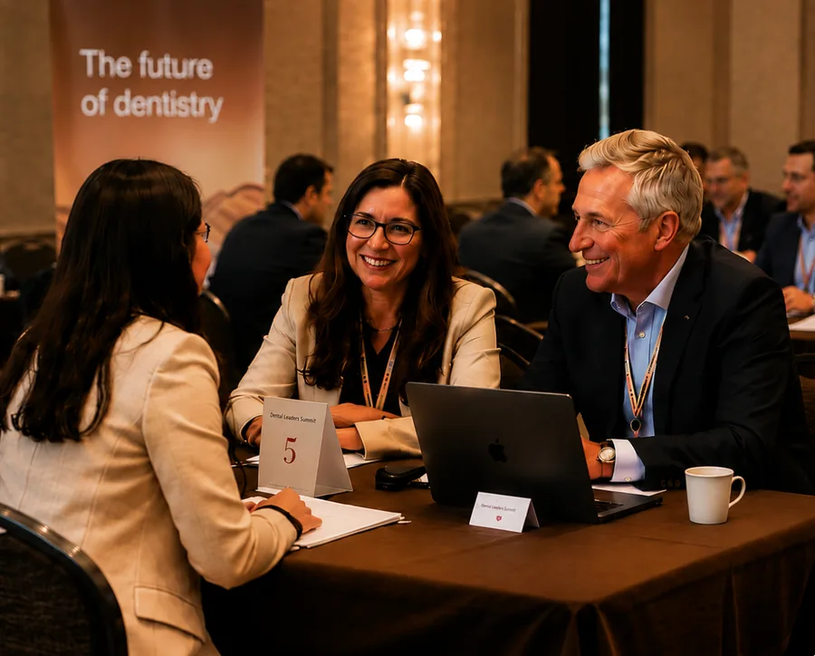 Delegates and a partner in conversation at a curated meeting table